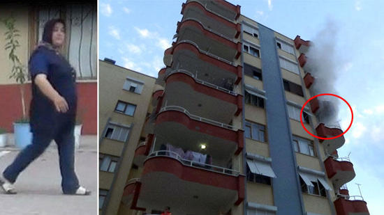 امرأة تركية تحرق ممتلكات زوجها في شرفة المنزل
